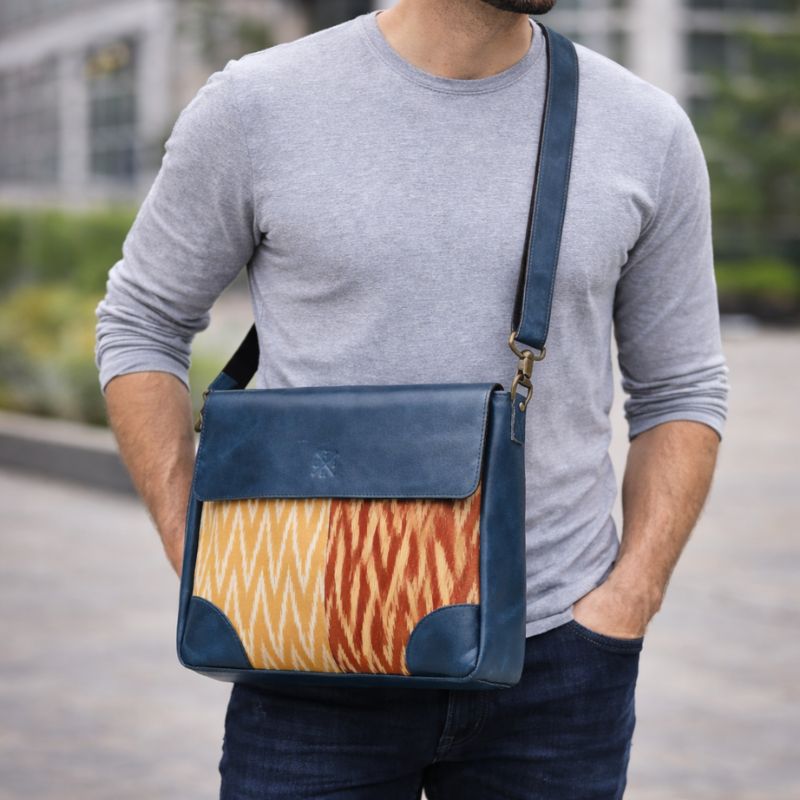 mens leather sling bag crossbody with ikat design
