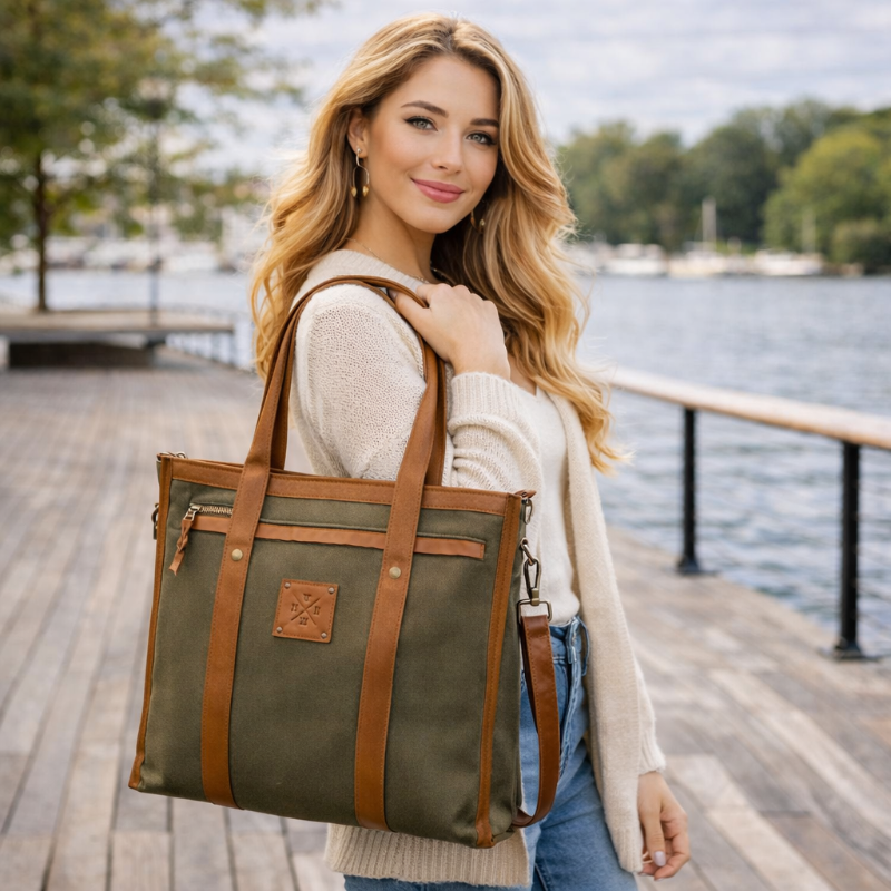 Woman holding a green and brown tote bag by a waterfront