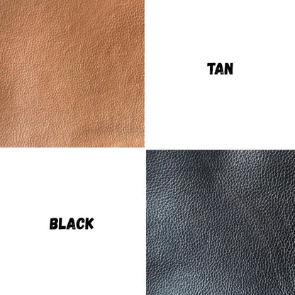 Leather swatches in tan, black, and gray with labels on a white background