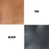 Leather swatches in tan, black, and gray with labels on a white background