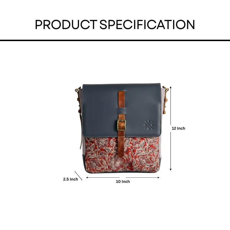 Crossbody sling bag with floral pattern and dark blue top section, shown with measurements on a white background.