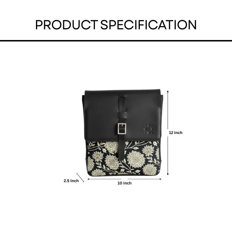 Black sling bag with floral design and measurements on a white background