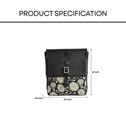 Black sling bag with floral design and measurements on a white background