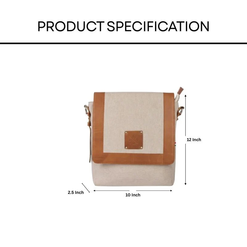 Beige and brown crossbody bag with dimensions on a white background