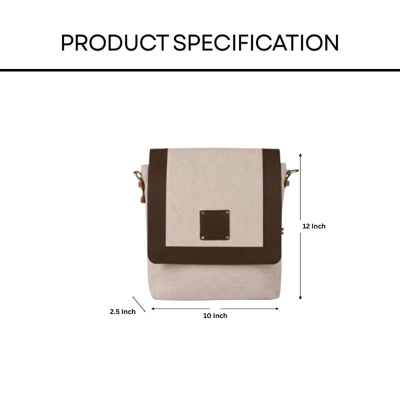 Measurement chart of a beige and brown sling bag with dimensions labeled. 