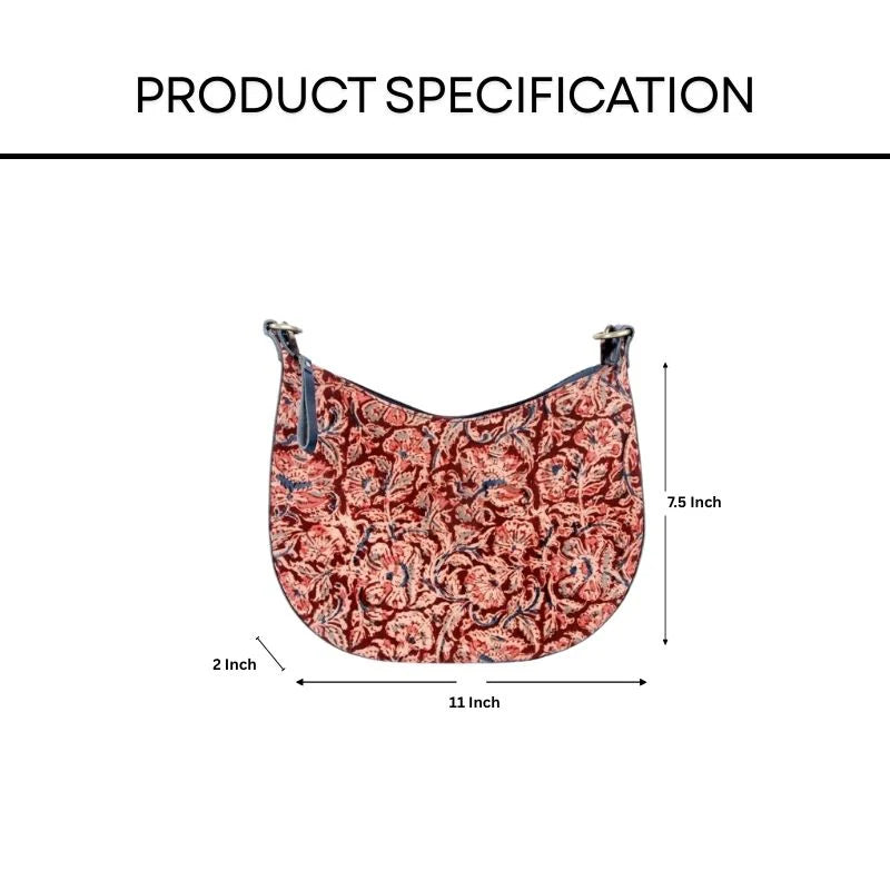 Patterned sling bag with dimensions on a white background