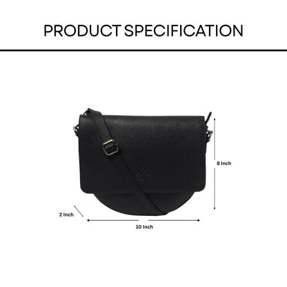 Black leather sling crossbody bag with measurements on a white background