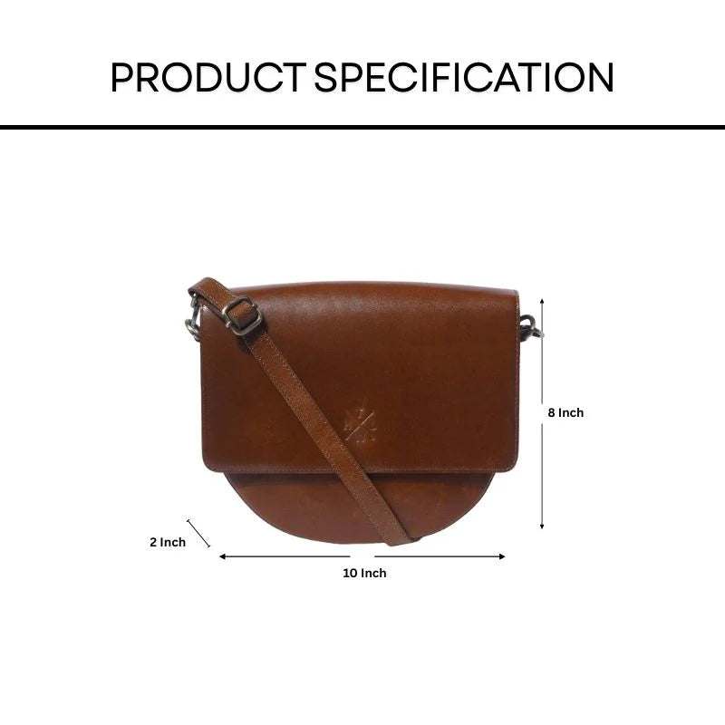 Brown leather sling crossbody bag with measurements on a white background