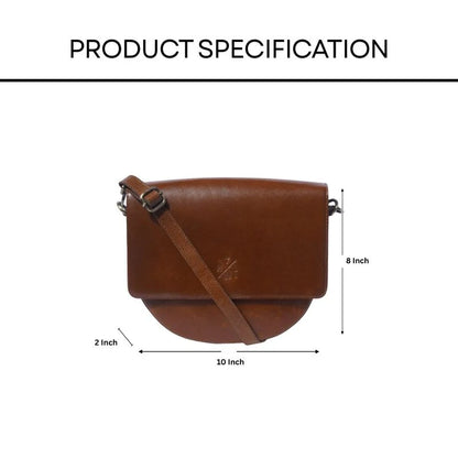 Brown leather sling crossbody bag with measurements on a white background