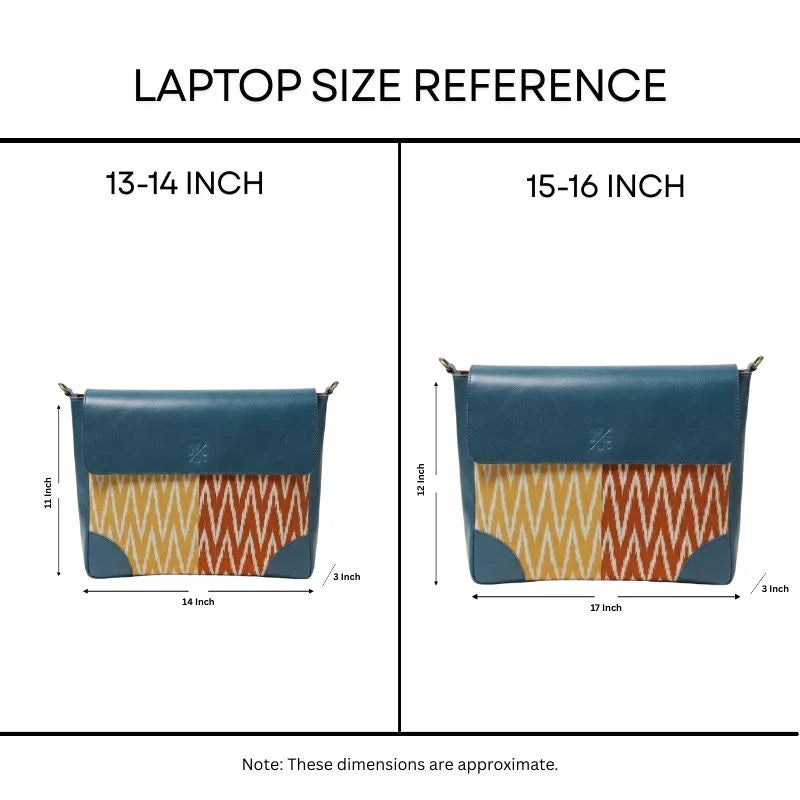Laptop size reference chart showing dimensions for 13-14 inch and 15-16 inch laptops with a blue and patterned pouch.