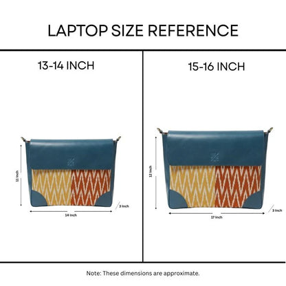 Laptop size reference chart showing dimensions for 13-14 inch and 15-16 inch laptops with a blue and patterned pouch.