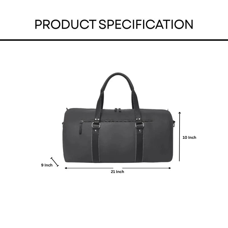 Black duffel bag with dimensions labeled on a white background