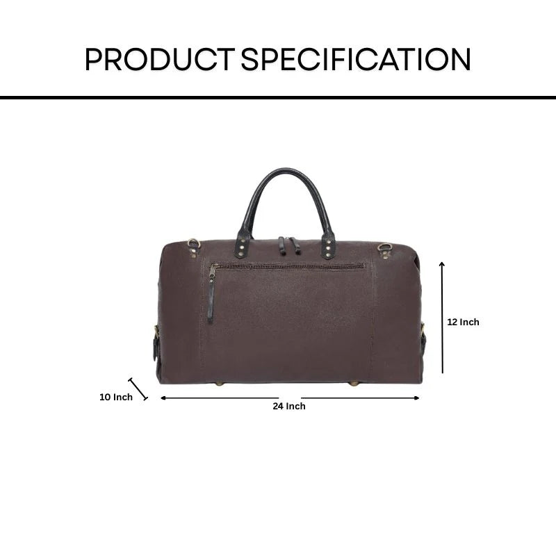 Brown leather duffel bag with dimensions labeled on a white background
