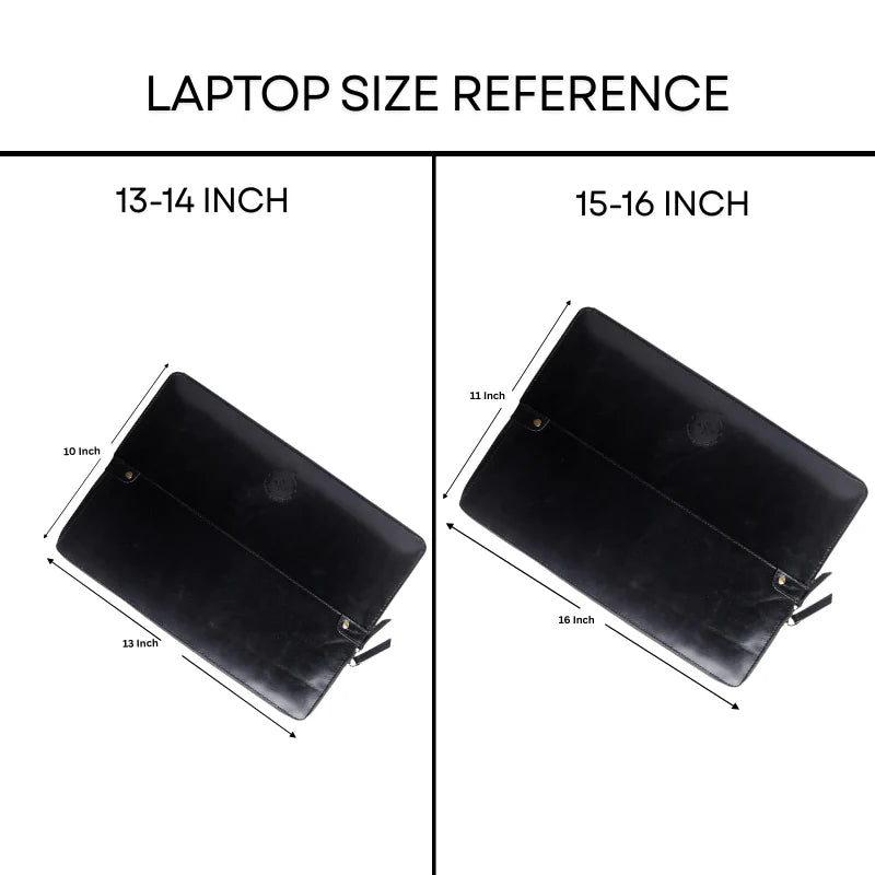 Laptop size reference chart showing 13-14 inch and 15-16 inch laptops with dimensions.