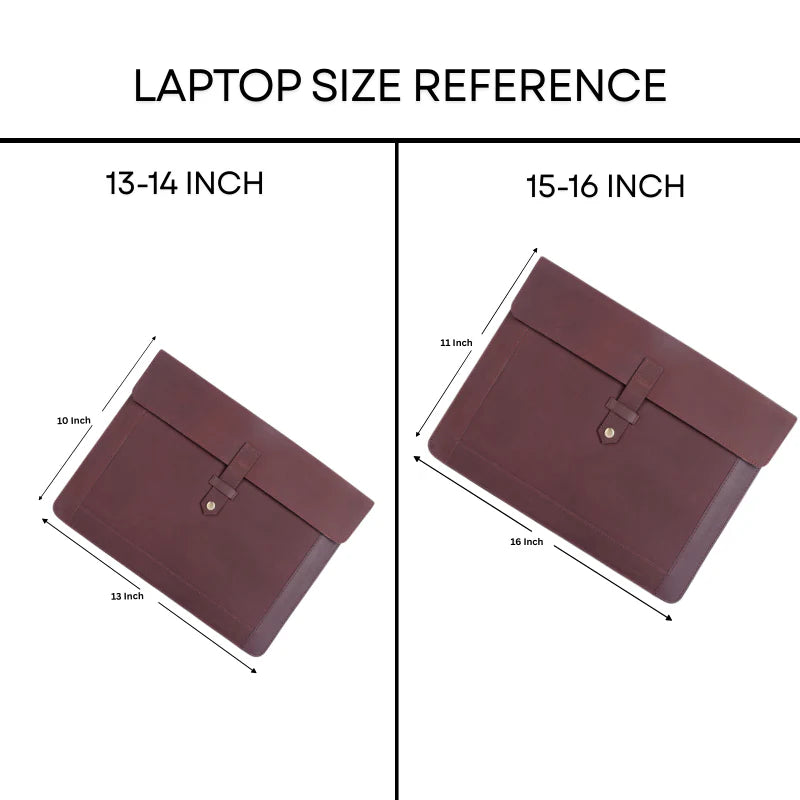 Laptop size reference chart with two brown laptop cases, one for 13-14 inch laptops and the other for 15-16 inch laptops.