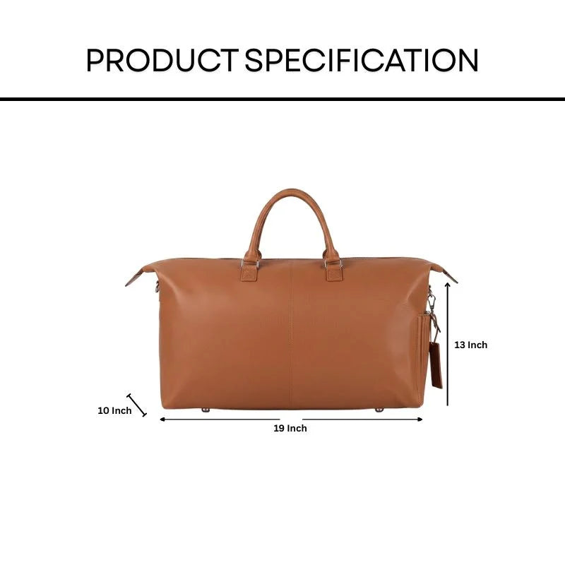 Brown leather bag with dimensions labeled on a white background