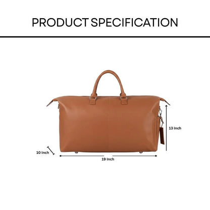 Brown leather bag with dimensions labeled on a white background