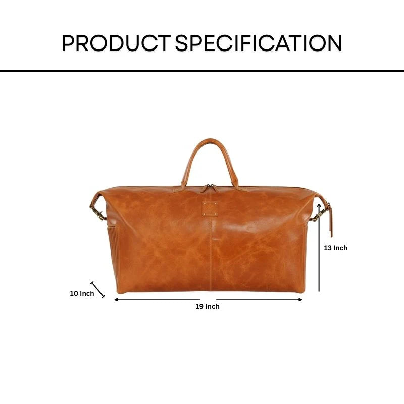 Brown leather duffel bag with dimensions labeled on a white background