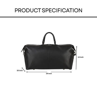 Black duffel bag with dimensions labeled on a white background