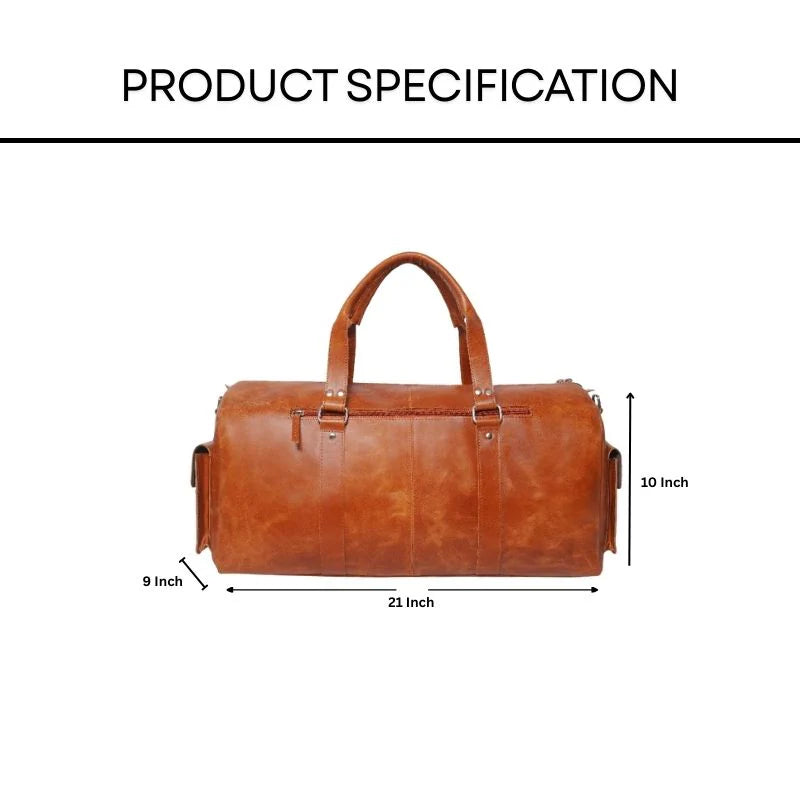 Brown leather duffel bag with dimensions labeled on a white background