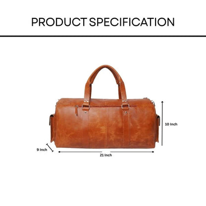 Brown leather duffel bag with dimensions labeled on a white background
