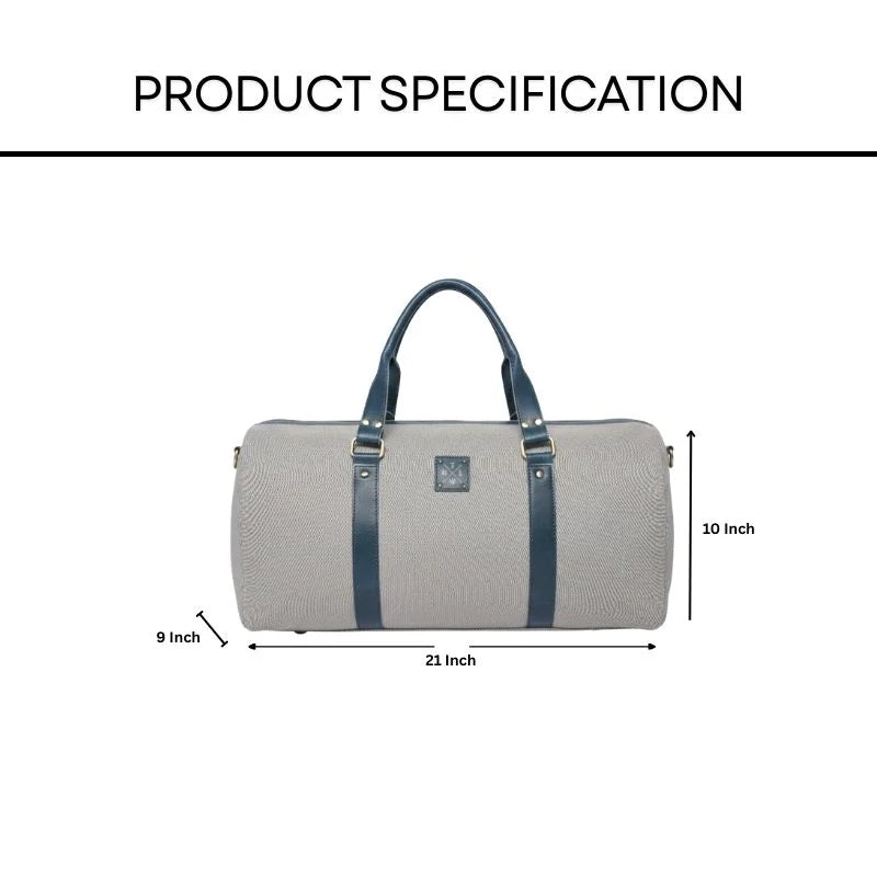 Gray duffel bag with blue straps and dimensions on a white background