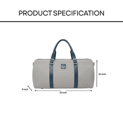 Gray duffel bag with blue straps and dimensions on a white background