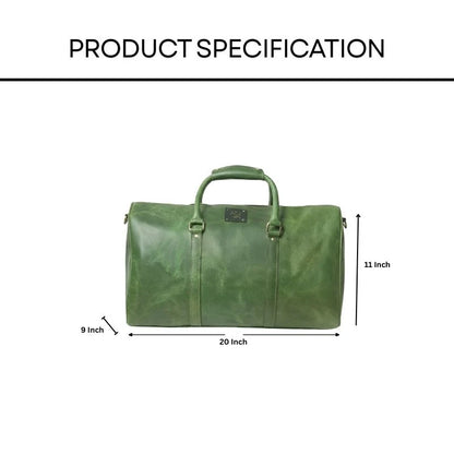 Green duffel bag with dimensions labeled on a white background