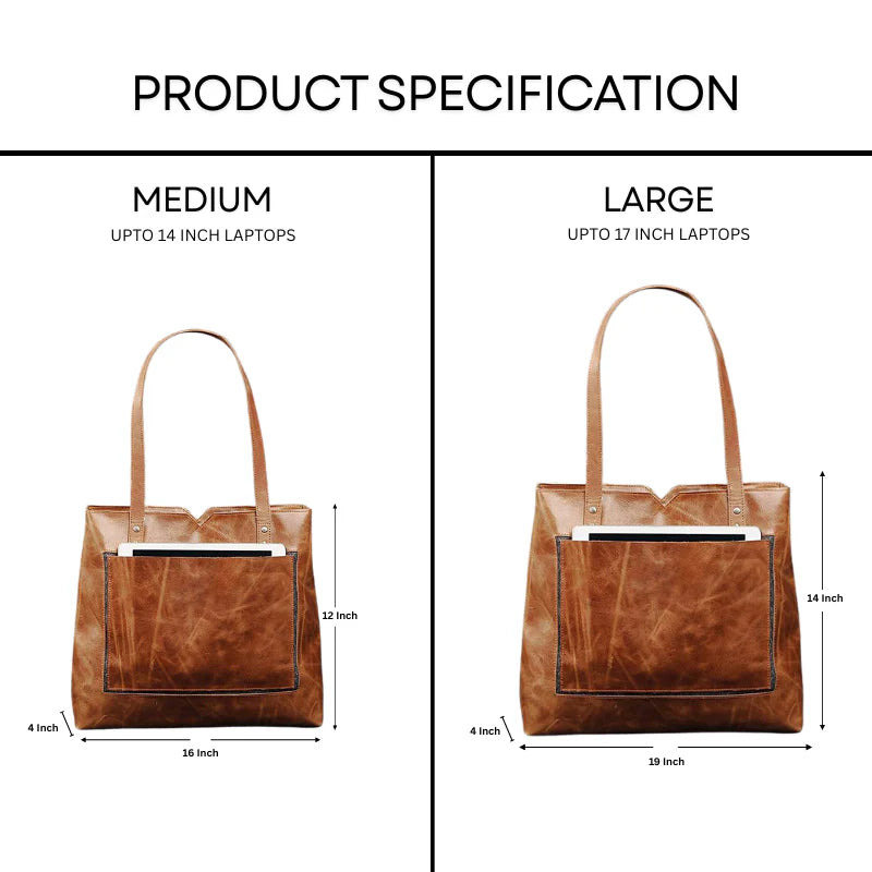 Comparison of medium and large brown leather bags with dimensions.