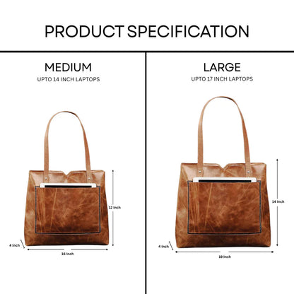 Comparison of medium and large brown leather bags with dimensions.