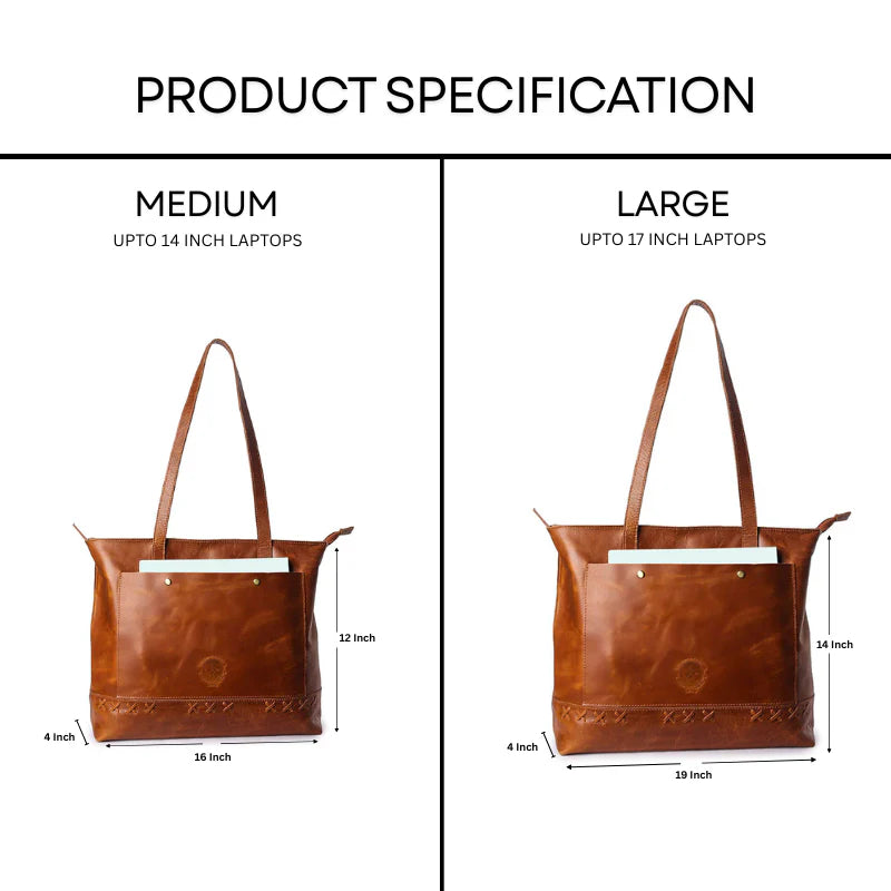 Comparison of medium and large brown leather tote bags with dimensions.