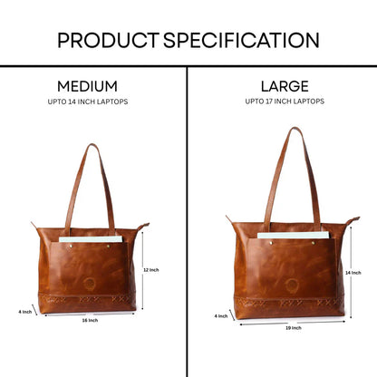 Comparison of medium and large brown leather tote bags with dimensions.