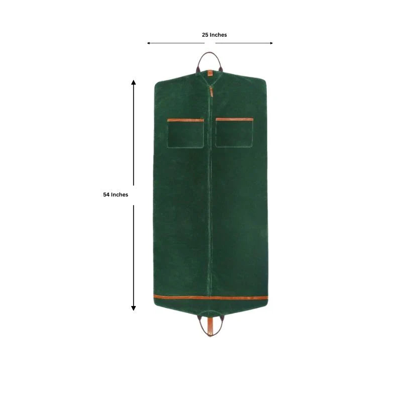 Green garment bag with measurements on a white background