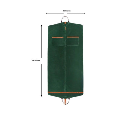 Green garment bag with measurements on a white background