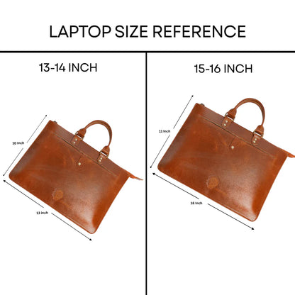 Brown leather laptop sleeve with size reference for 13-14 inch and 15-16 inch laptops.