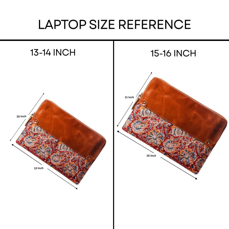 Laptop size reference chart with two sleeves labeled for 13-14 inch and 15-16 inch laptops.