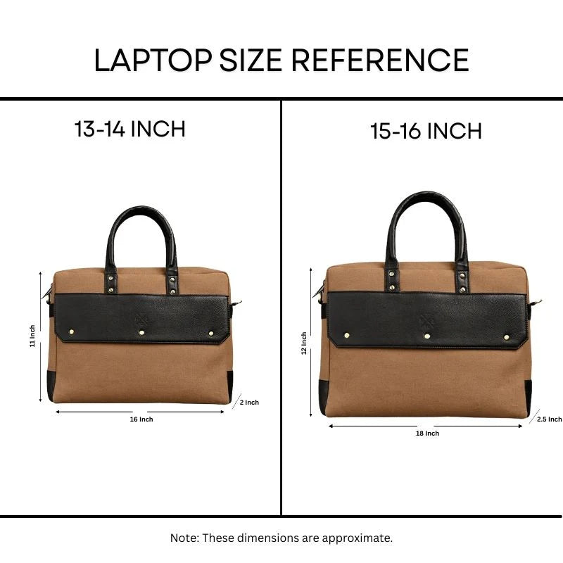 Laptop size reference chart showing a brown and black laptop bag for 13-14 inch and 15-16 inch laptops.