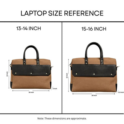 Laptop size reference chart showing a brown and black laptop bag for 13-14 inch and 15-16 inch laptops.