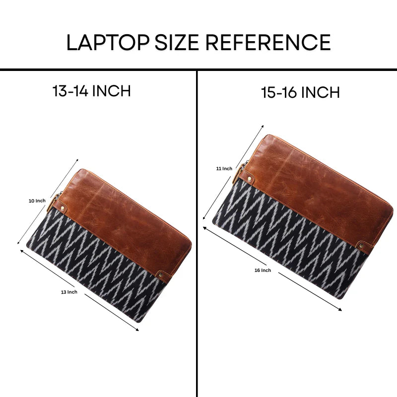 Laptop size reference chart showing 13-14 inch and 15-16 inch laptops with a brown and patterned cover.