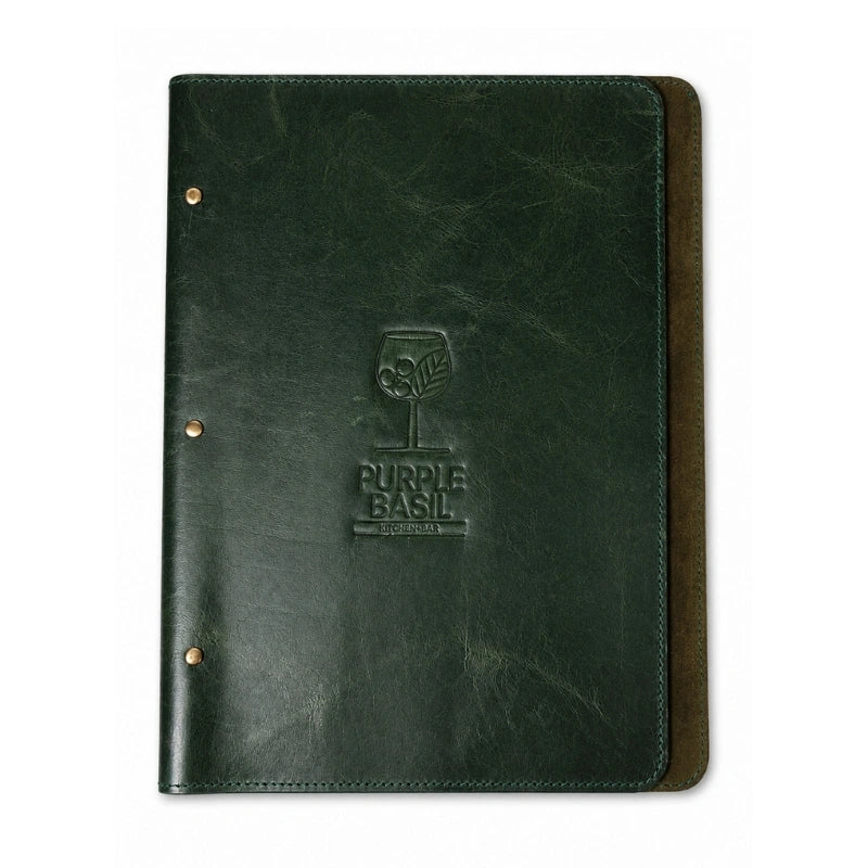 Green Leather Menu Holder with Ring Binder