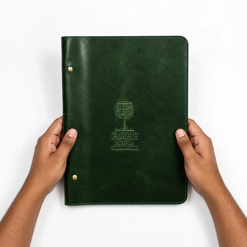 Green Leather Menu Holder with Ring Binder
