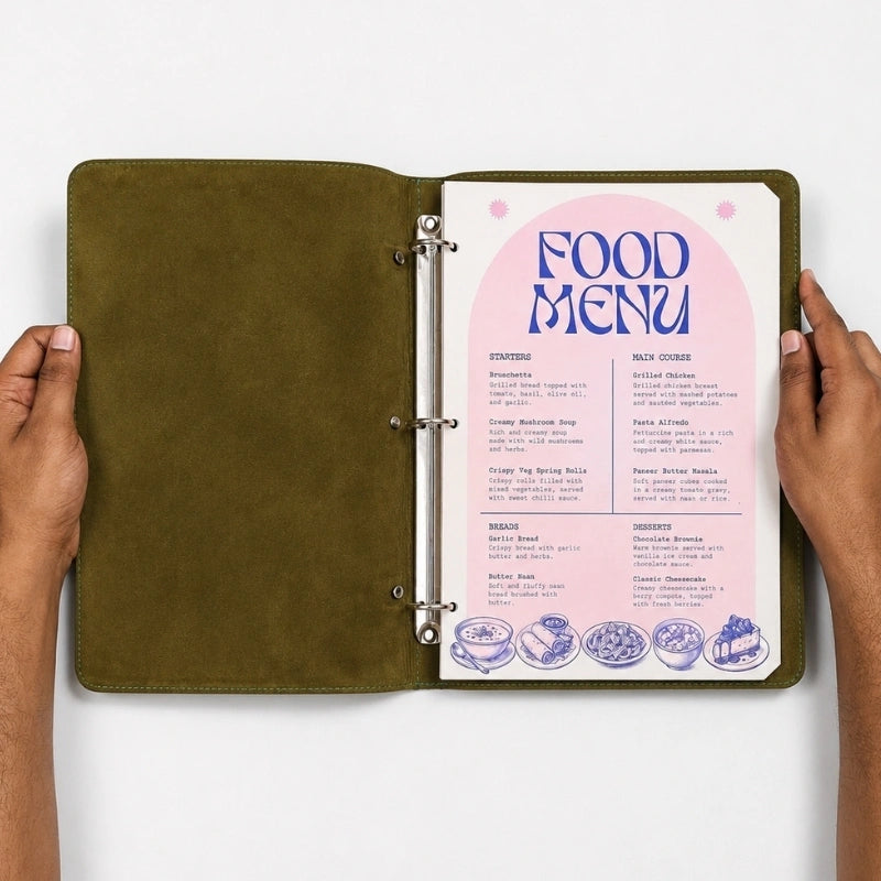 Green Leather Menu Holder with Ring Binder