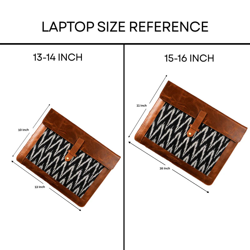 Laptop size reference chart showing 13-14 inch and 15-16 inch dimensions with a brown sleeve.