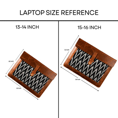 Laptop size reference chart showing 13-14 inch and 15-16 inch dimensions with a brown sleeve.