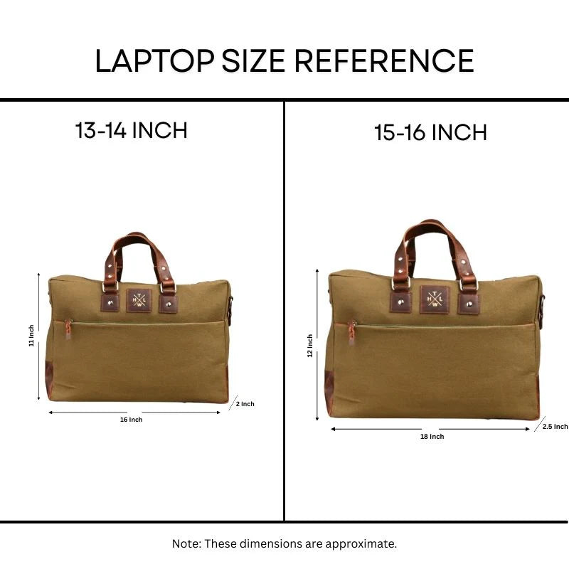 Laptop size reference chart with two brown bags labeled for 13-14 inch and 15-16 inch laptops.