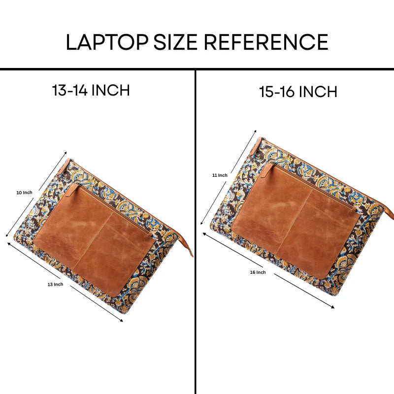 Laptop size reference chart with two laptop sleeves, one for 13-14 inch laptops and the other for 15-16 inch laptops, on a white background.