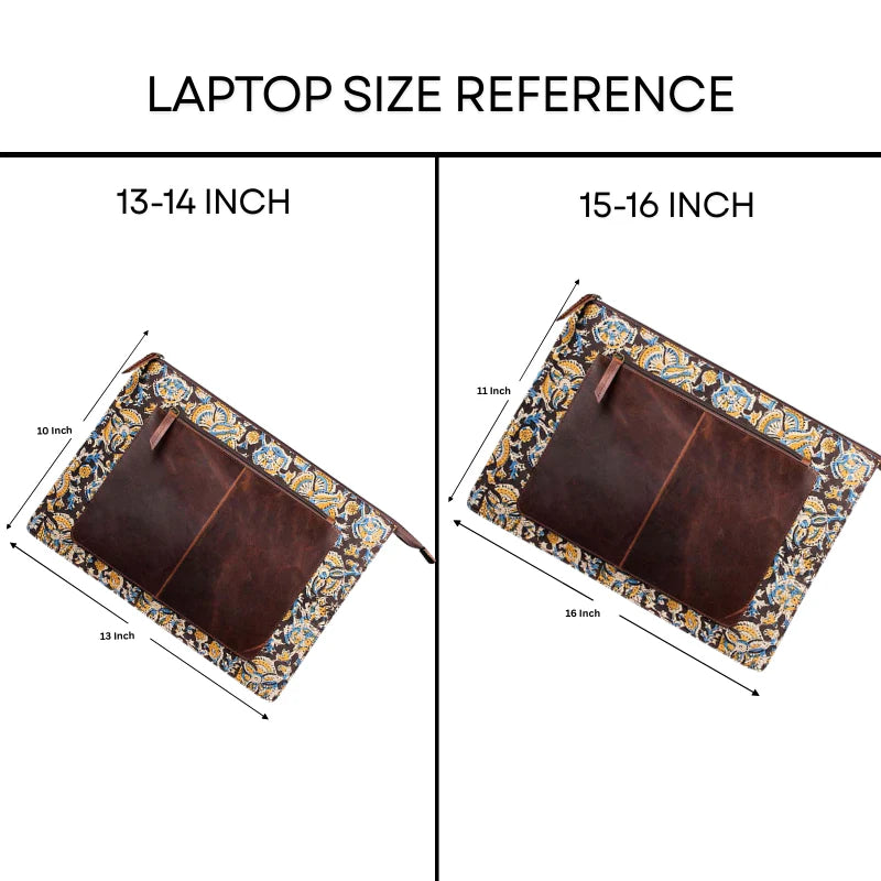 Laptop size reference chart with floral and brown design on a white background