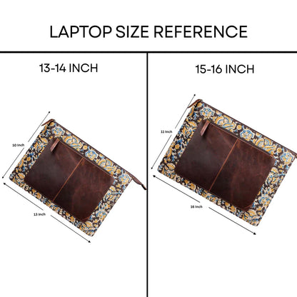 Laptop size reference chart with floral and brown design on a white background