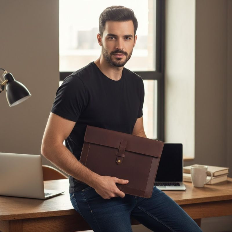 Man holding a brown leather sleeve  in an office setting