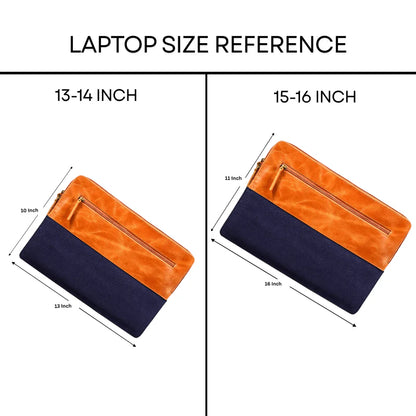 Laptop sleeve with size reference for 13-14 inch and 15-16 inch laptops.